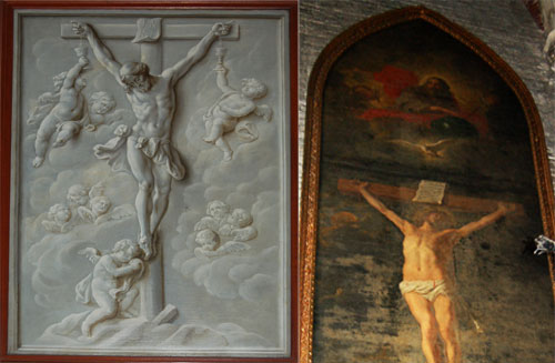 Two Tau paintings guarding the entrance to the Adoration of the Mystic Lamb