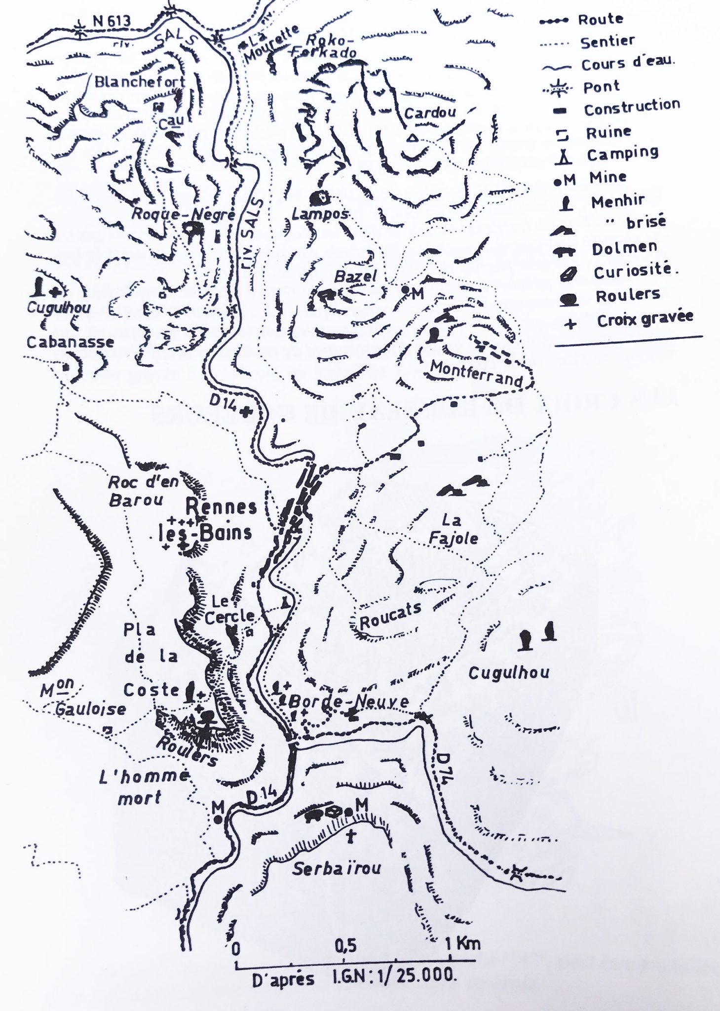 The Cromleck of Rennes-les-Bains, hand drawn map by Franck Marie (1978)