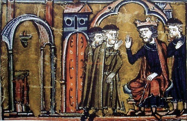 Baldwin II cedes Temple of Salomon to Hugues de Payens and Gaudefroy de Saint-Homer in 1119 / Guillaume de Tyr, 13th century "Histoire d'Outre-Mer"