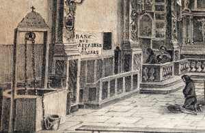 Engraving of the old interior of Notre Dame de Marceille showing a well inside the church